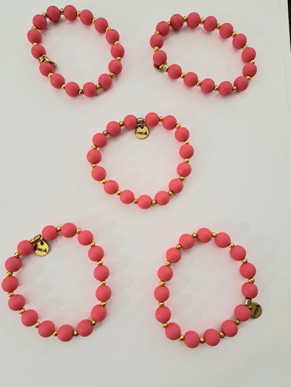 5 Matte Pink Beaded Stretch Bracelet - Gold Accent